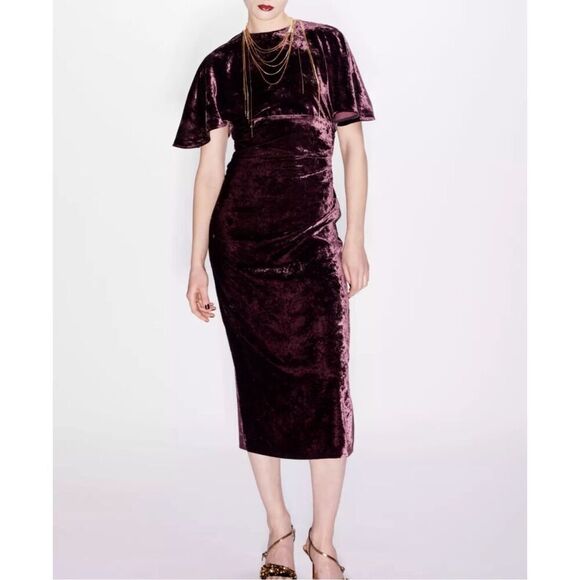Zara Purple Velevet Blogger Favorite Short Sleeve Midi Dress Size XS